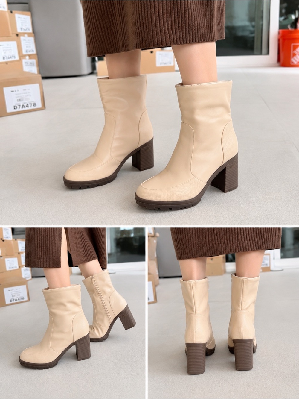 Cream Block Heel Mid-Calf Boots - Women's Fashion Boot